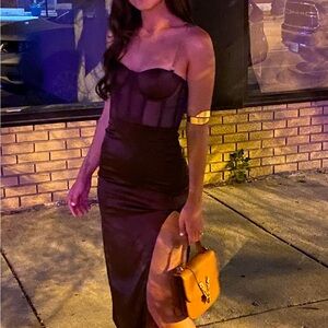 Meshki Elegant Brown Satin Dress with gold straps